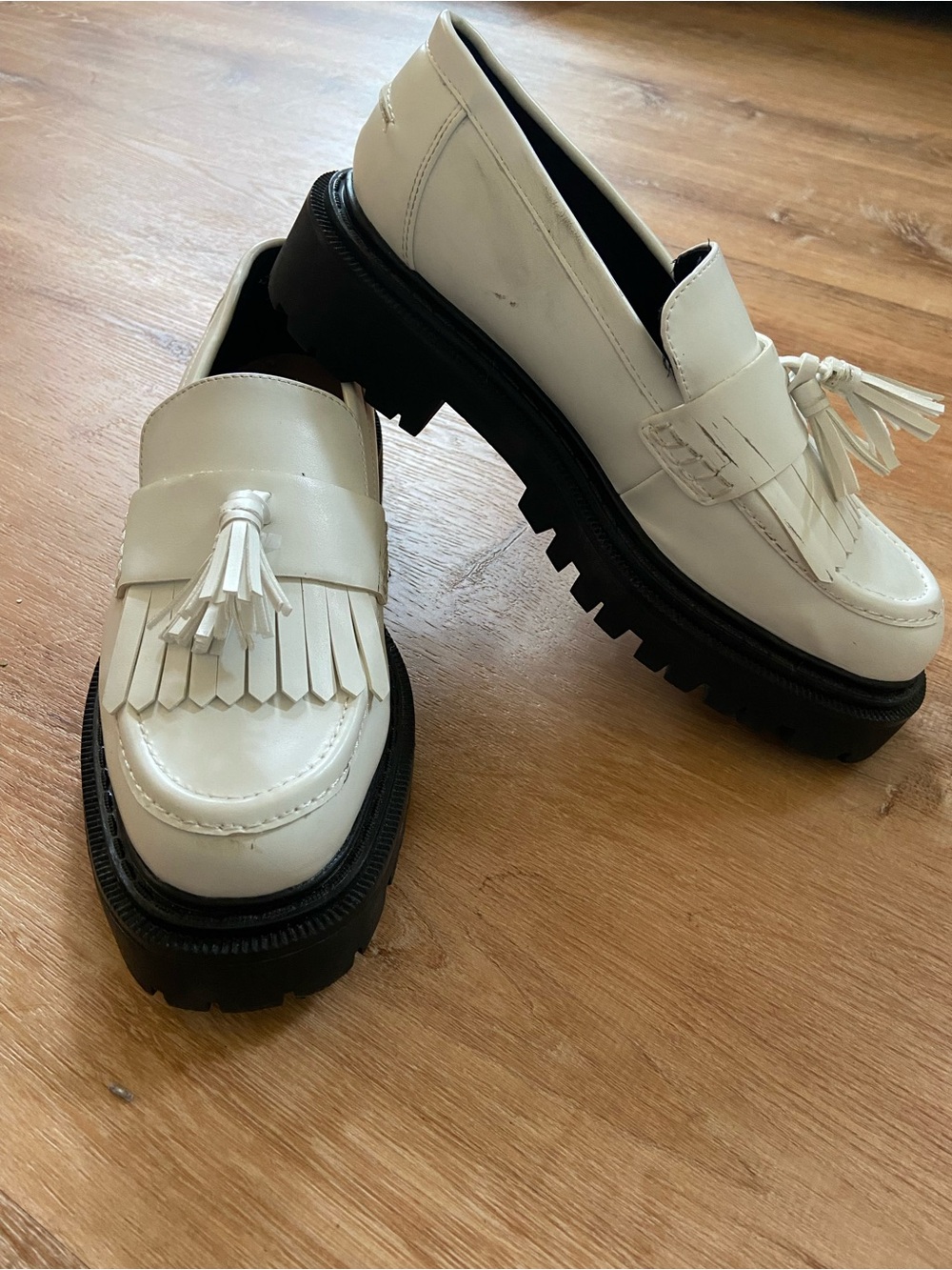 White Tassel Kiltie Loafers with Chunky Black Lug Sole H&M